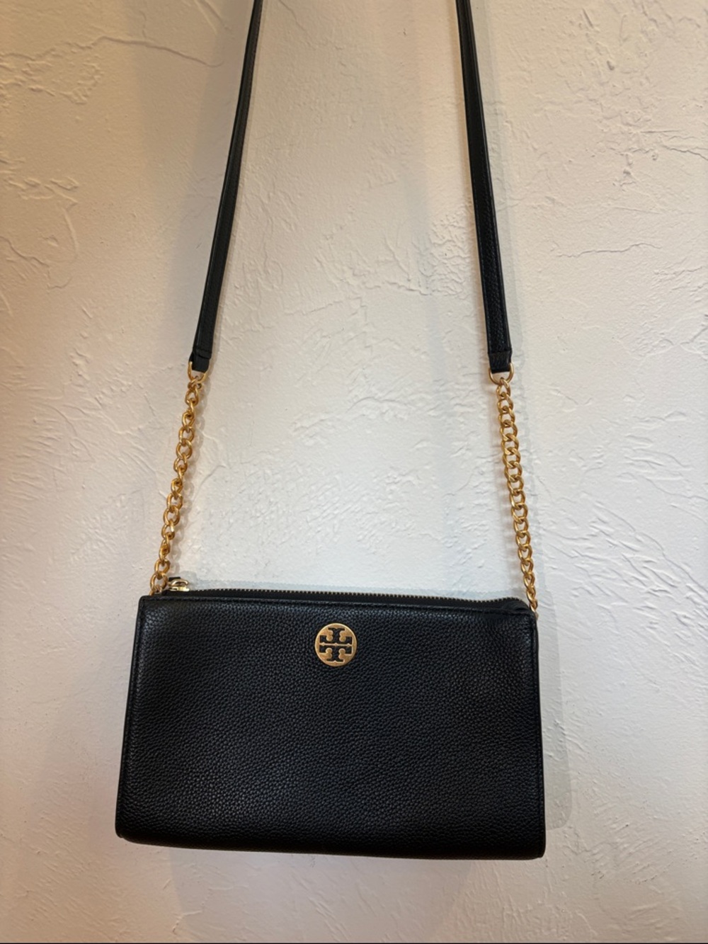 Tory Burch Black Pebbled Leather Crossbody with Gold Hardware
